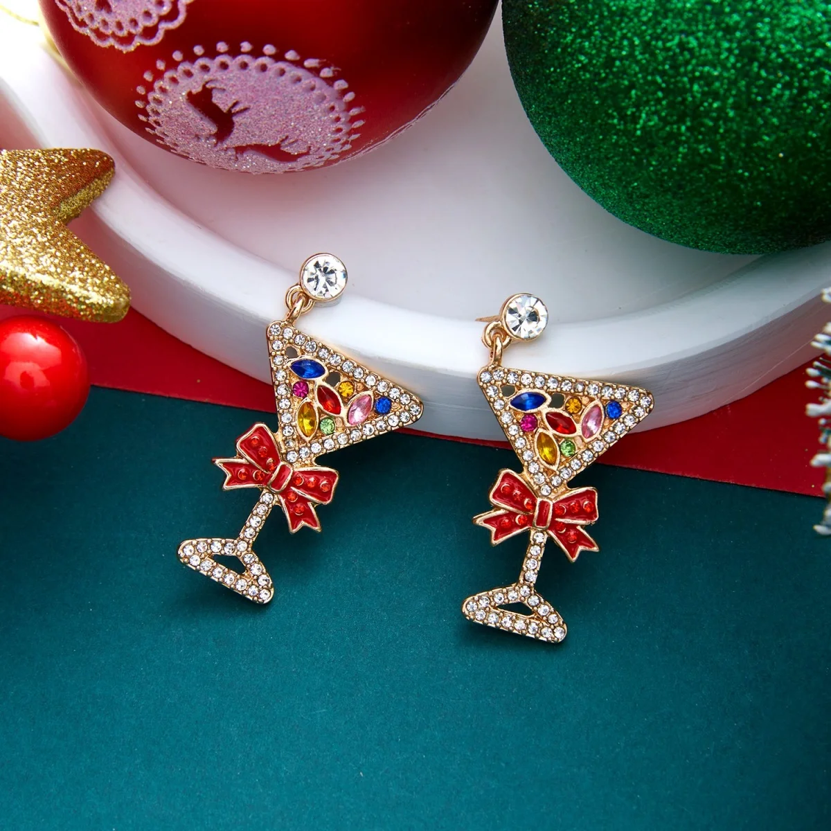 Weihnachts-Strass-Stern-Weihnachtsmann-Ohrhänger für Damen, modische rote Schleifen-Weihnachtsstangen-Weinglas-Socken-Ohrringe, Neujahrs-Schmuck – Detail 28