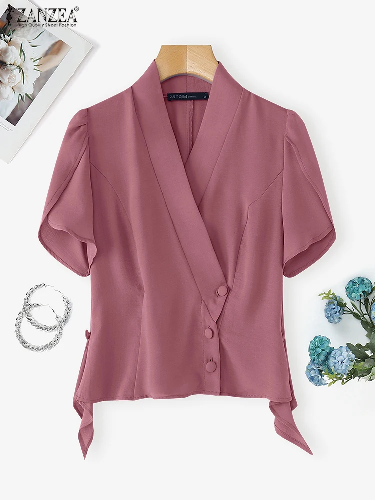 

Fashion OL Work Shirts Women Ruffled Tops Short Puff Seeve Tunic 2025 ZANZEA Fashion Asymmetry Buttons Casual V Neck Blusas
