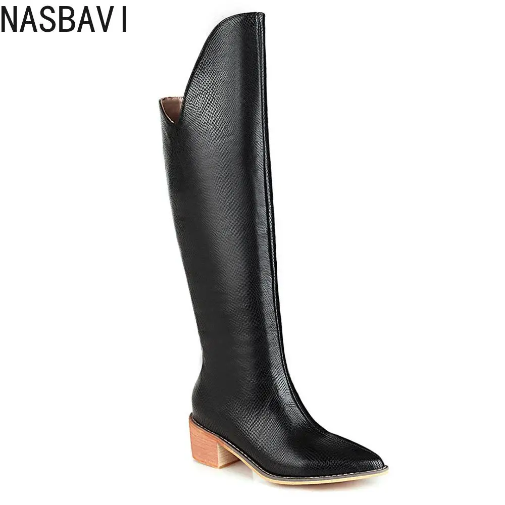 

Multi-Color Thick-Heeled Snake Print Knee-Length Boots With Wood Grain Sole Dark Blue Thick Plush Boots V-Pointed Toe Shoes