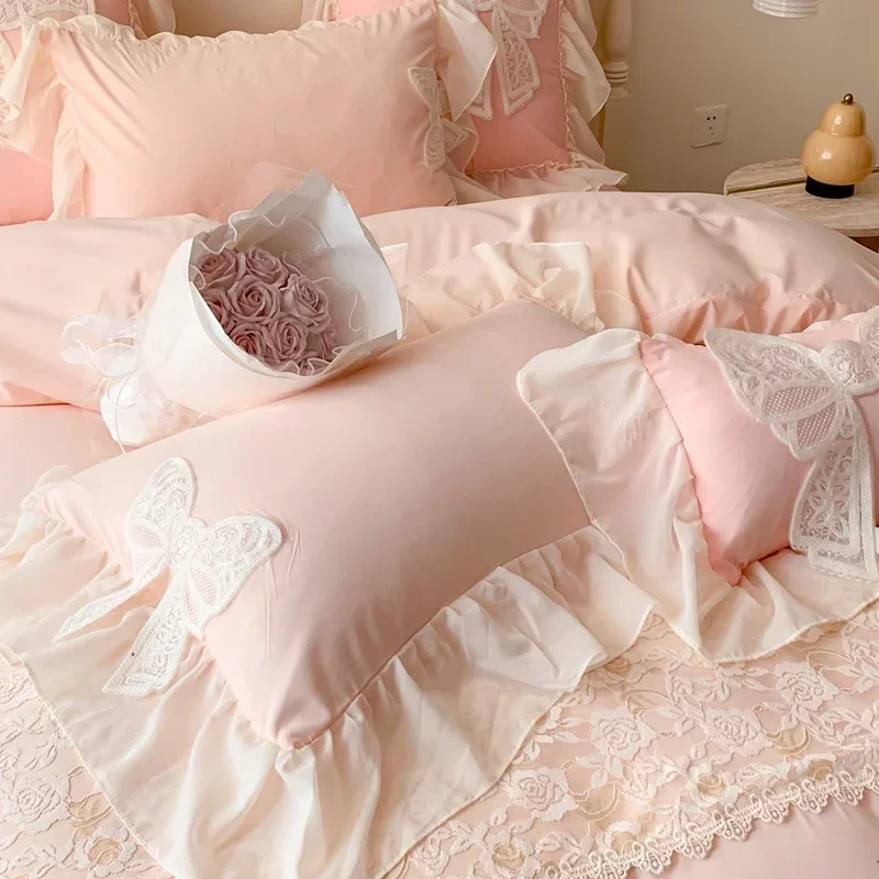 Coreano princesa conjunto de cama coquette laço arco beleza cor sólida rendas plissado consolador conjuntos luxo meninas casamento capa edredão