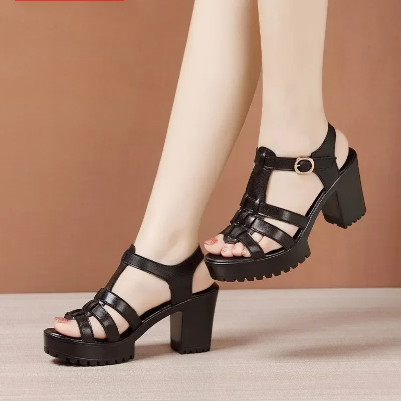 8cm Small Size 32-43 Fashion Genuine Leather Shoes Gladiator Sandals Summer 2025 Women Block High Heels Platform Sandals Office