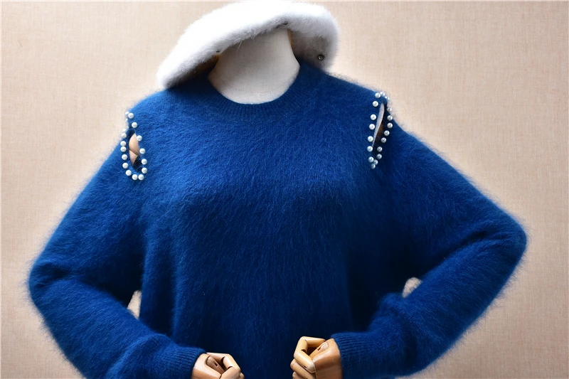 Mujer Otoño Invierno moda coreana peluda Angora conejo pelo tejido cuello redondo mangas con hombros descubiertos rebordear suéter suelto