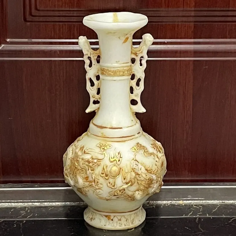Antique Qianlong jade carving gilded dragon reliefs decorative vase ornament folk art collection feng shui auspicious decor