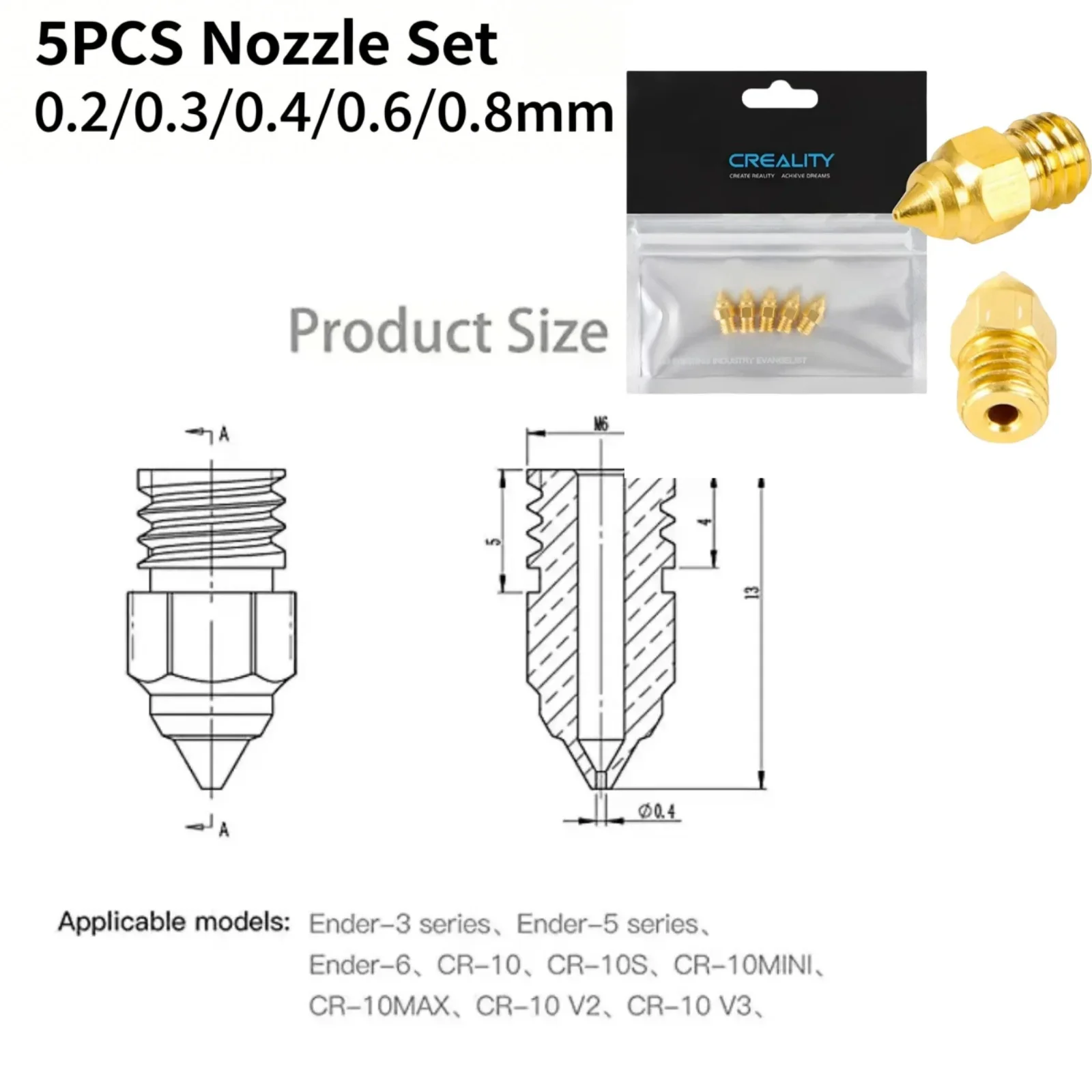 Creality CR-6 SE Ender-3 /Ender-5 Serie 5-teiliges Düsen-Set 0,2/0,3/0,4/0,6/0,8mm Hotend Extruder Messingdüsen für Creality