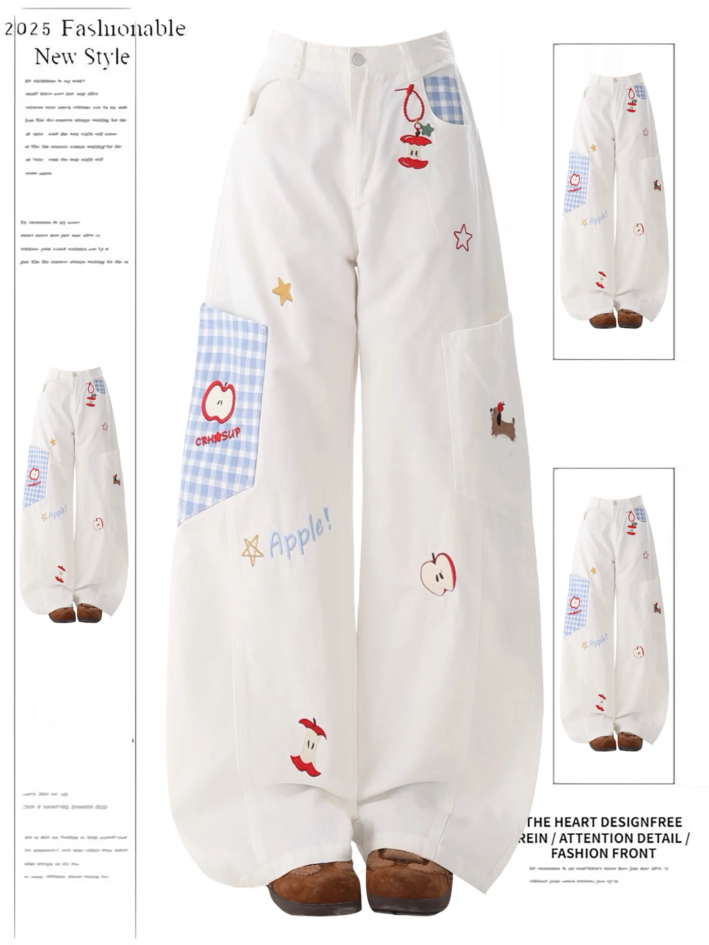 

Американские ретро-джинсы с вышивкой, белые, женские, свободные, широкие брюки с дизайнерским вырезом, повседневные джинсы с высокой талией