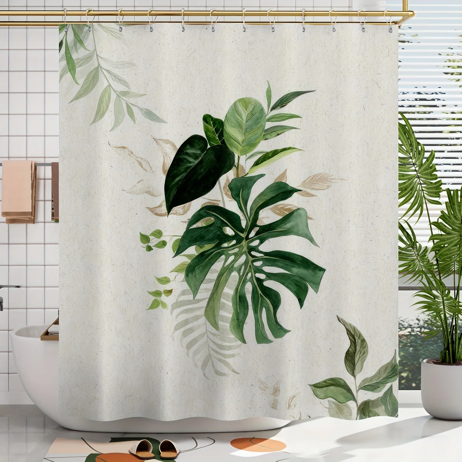 

1pc Spring and Summer Green Plant Leaf Pattern Digital Print Shower Curtain, Bathroom Decoration Home Decor, Free Hook, Machine