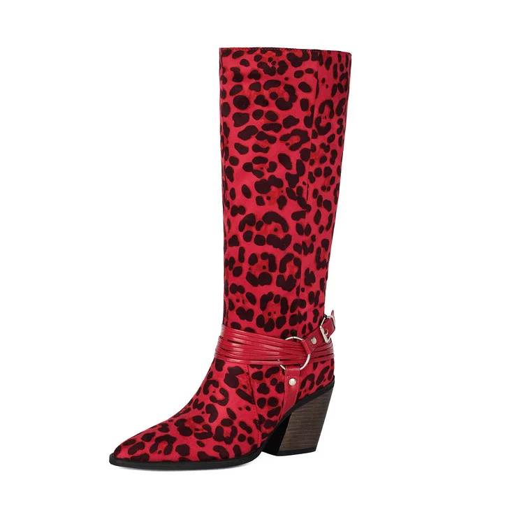 Women's Shoes Women's Vintage Leopard Print Knee High Boots Pointed Toe Chunky Heel Western Cowboy Boots Fashion Long Boots