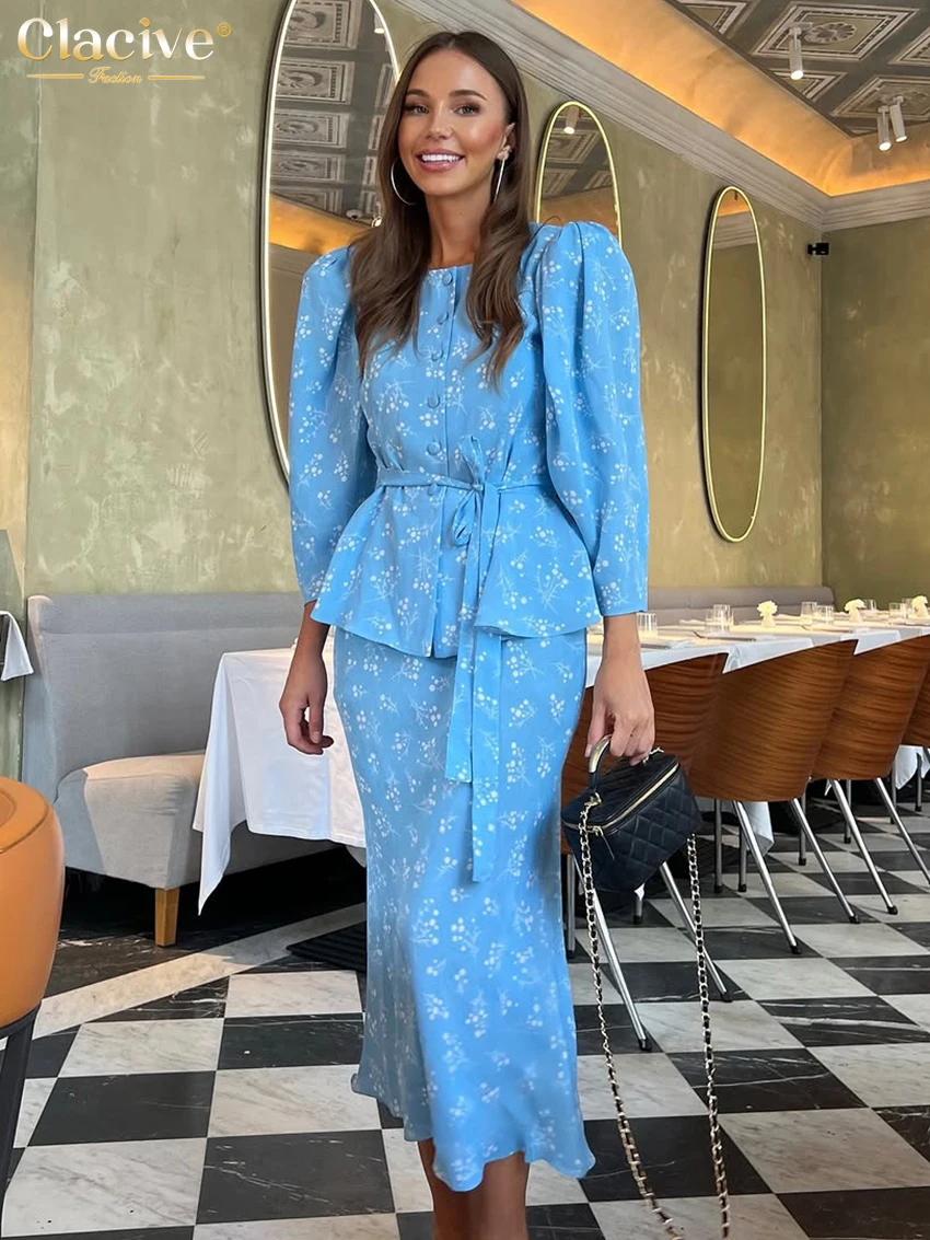 Women's Two-Piece Skirt Set - Long Sleeve Shirt and High-Waist Skirt