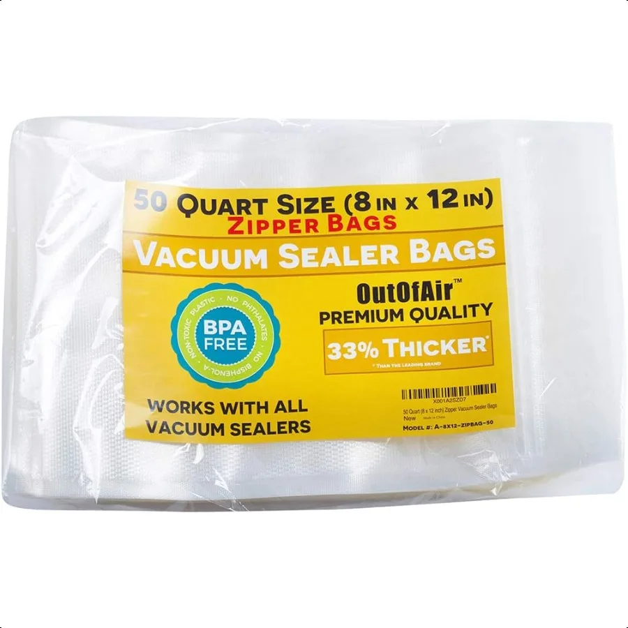 

50 Zipper Vacuum Sealer Bags: Quart Size 8 x 12 Vacuum Seal Zip Bags Works with FoodSaver Other Savers 33 Thicker BPA Free Comm