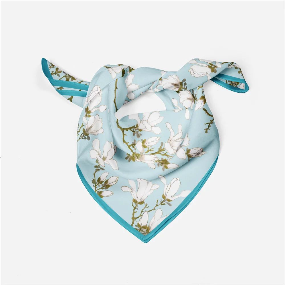 Bufanda de seda de sarga para mujer, pañuelo cuadrado de pintura china, Bandana pequeña, Hijab de seda, diadema, 53CM