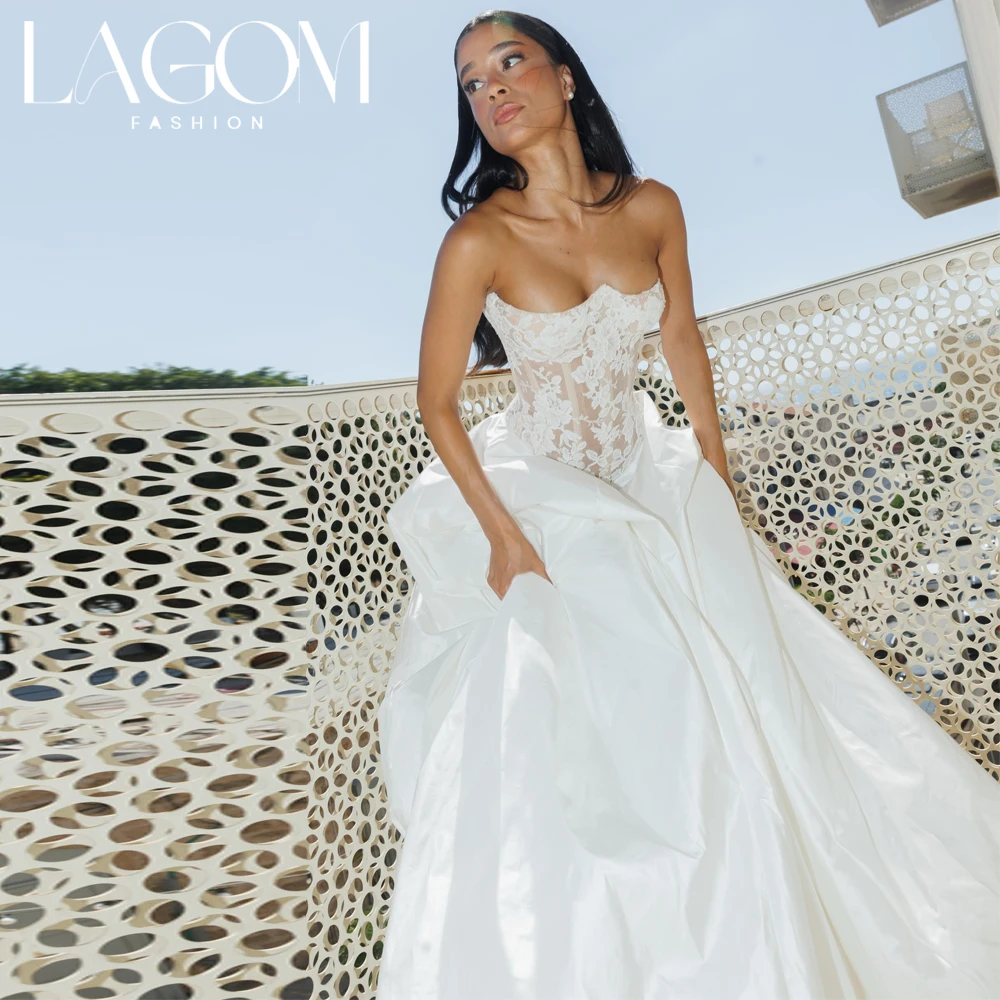 Lagom Elegant White Sweetheart Wedding Dress Lace Bodice Satin A-Line Floor Length Vintage SleevelessVestido de novia Customized
