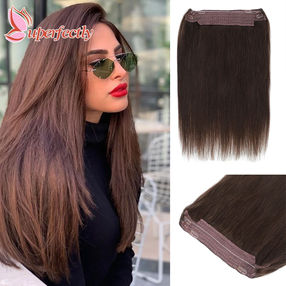 

Uperfectly Straight Real Human Hair Halo Hair Extensions Wire Clip In Hair With Invisible Fish Line Hairpiece Remy Human Hair