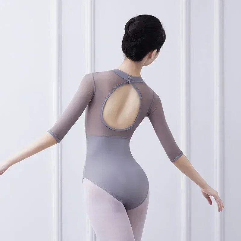 ダンスドレス レディース スモークグレー メッシュ パッチワーク 七分袖 バレエ テスト ボディドレス