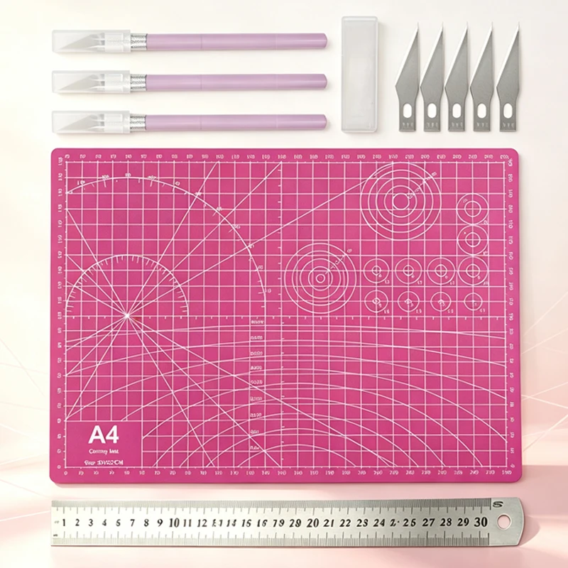 Pink self-healing cutting mat set, A4 double-sided cutting mat, includes a 30cm metal ruler, boxed carving knife with 5 spare blades, complete set of DIY craft tools, suitable for sewing, holiday cards, and birthday gi
