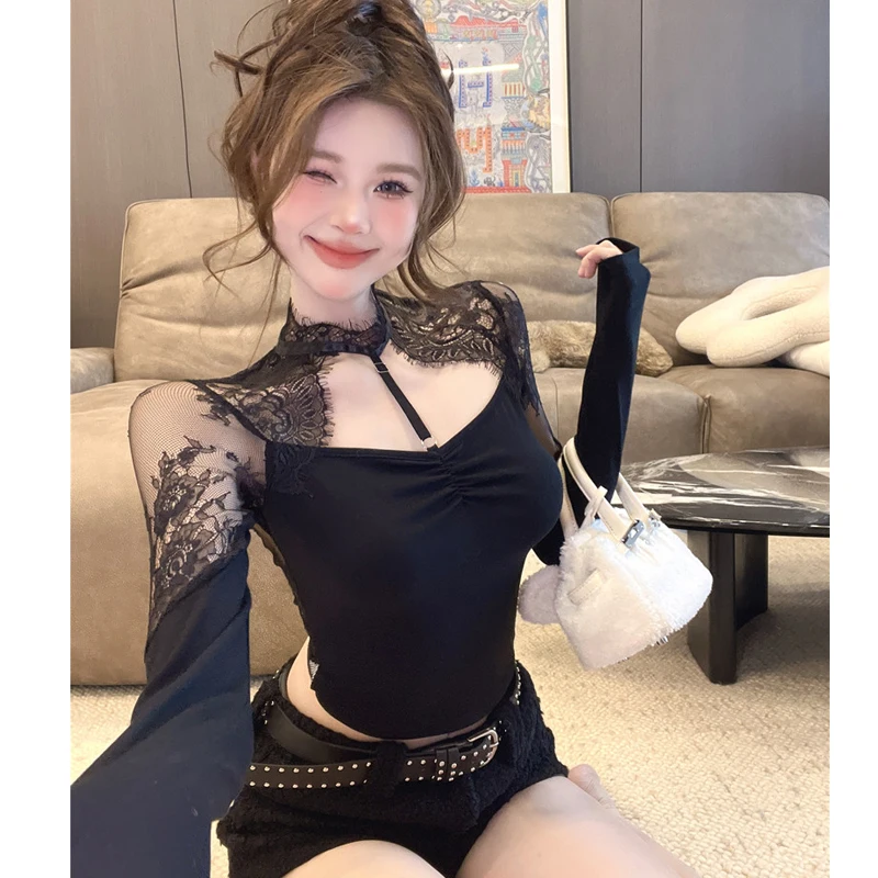 

Сексуальные кружевные топы с открытой спиной, весенне-осенняя нижняя рубашка с длинными рукавами, модная тонкая женская футболка