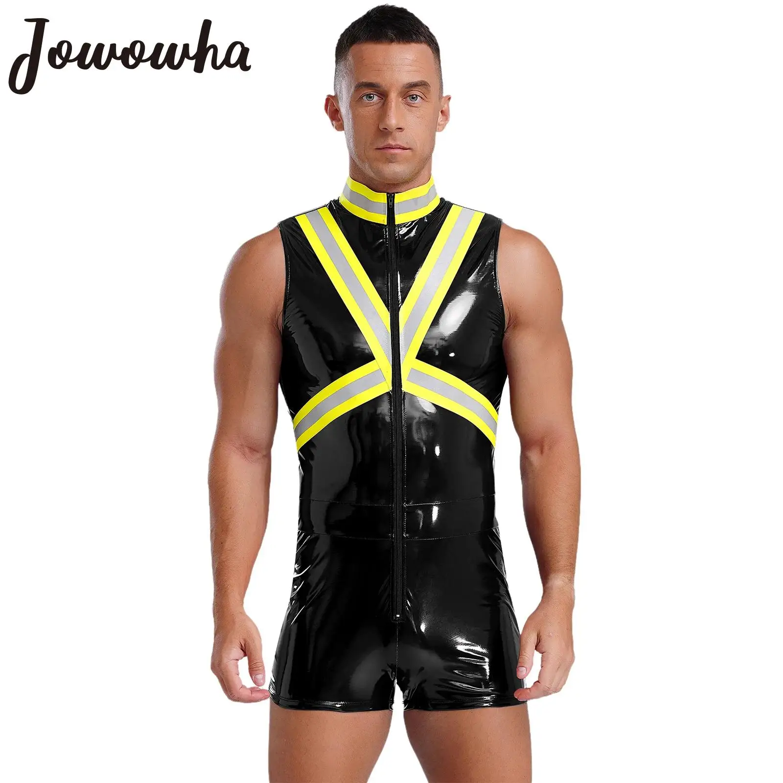 Men Wet Look Faux Leather Fireman Cosplay Costume Stand Collar Sleeveless Jumpsuit Carnival Party Firefighter Role Play Bodysuit