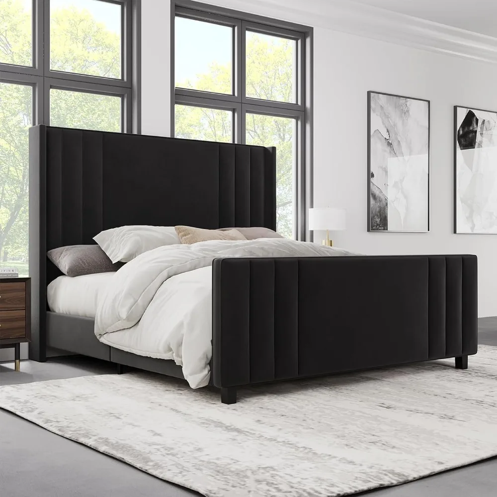 

large platform bed frame, upholstered bed with vertical access headboard and footboard, high quality velvet