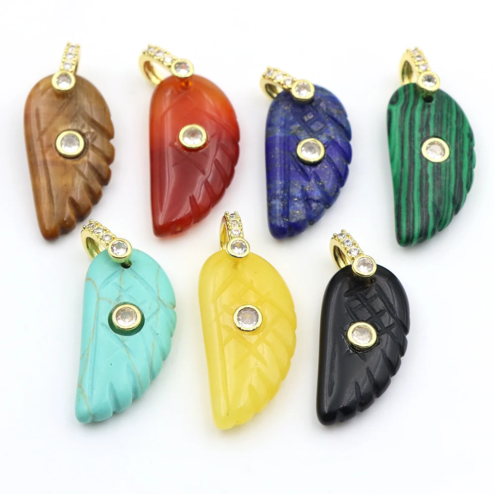Natural Stone Wing Charm Pendant 30mm with White Zircon Angel Charm for DIY Jewelry Necklace Making Accessories Findings Supplie
