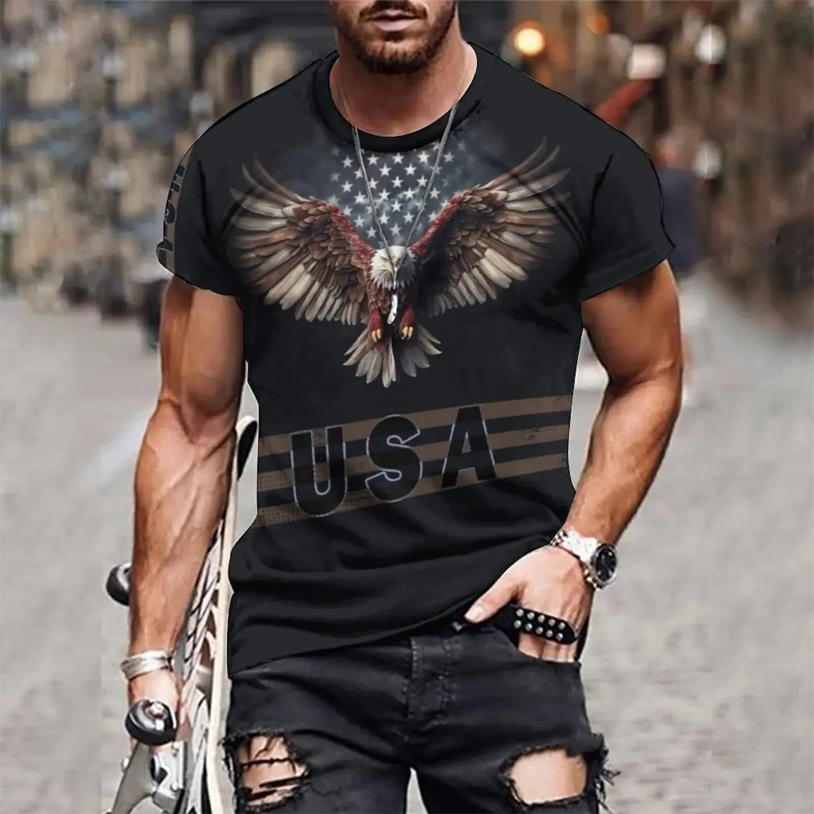 Stylish Eagle & Letter 3D Digital Pattern Print Men\'s Graphic T-shirt, Causal Comfy Tees, Short Sleeve Clothing