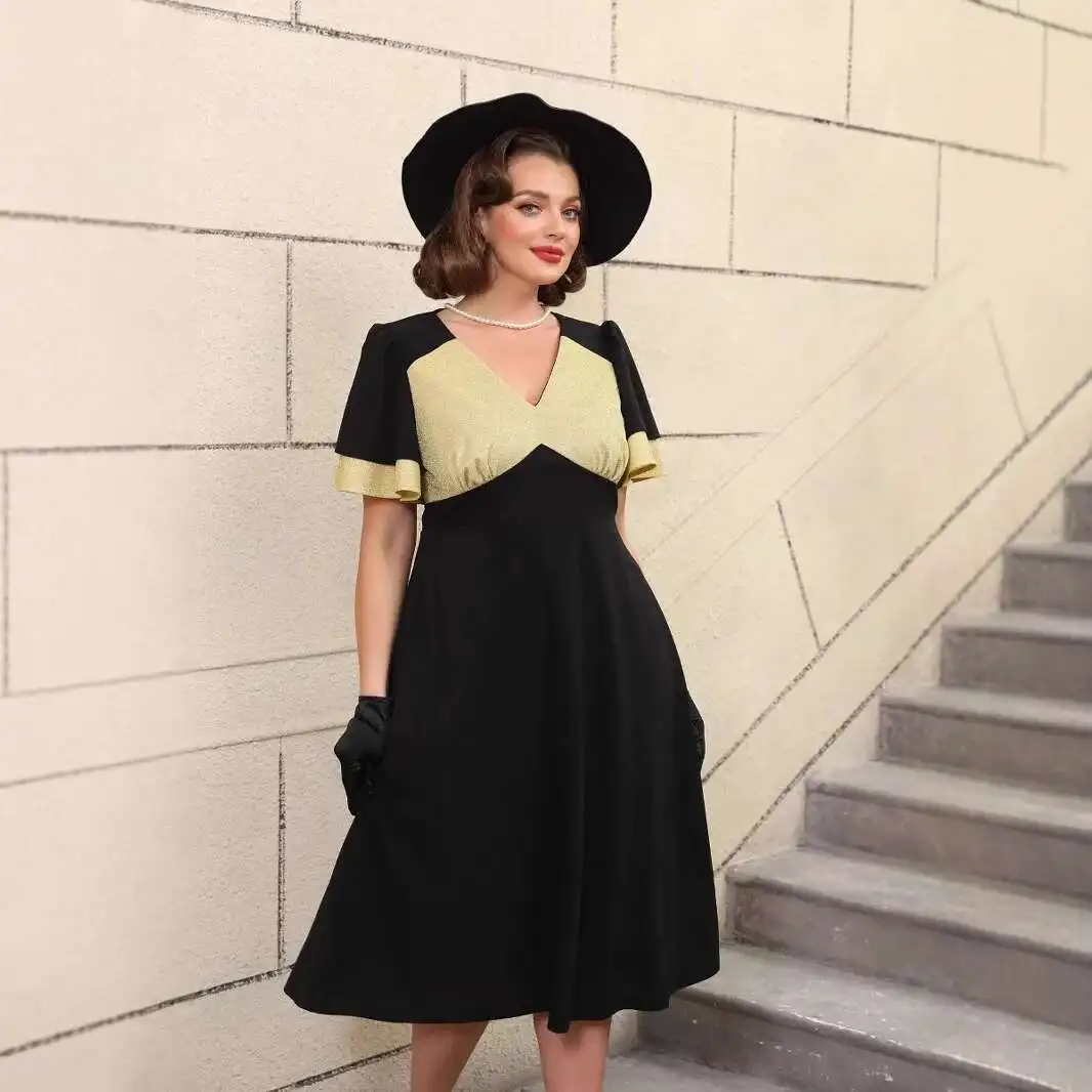 

Plus Size Color Block Glitter Dress Ruffle Sleeve A-line Slimming Black Dress Female Dress Party Summer Elegantes Casual Y2k