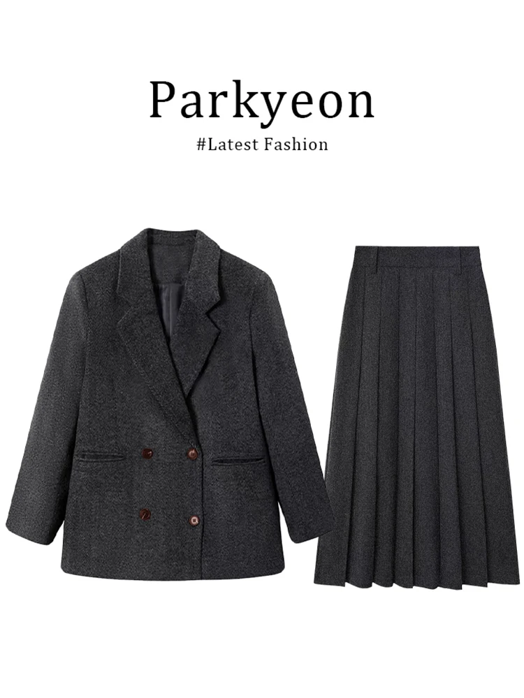 

Темно-серый костюм: пиджак, рубашка, юбка-миди, комплект из трех предметов, женский, осенне-зимний, весенний, в корейском стиле, модный ансамбль