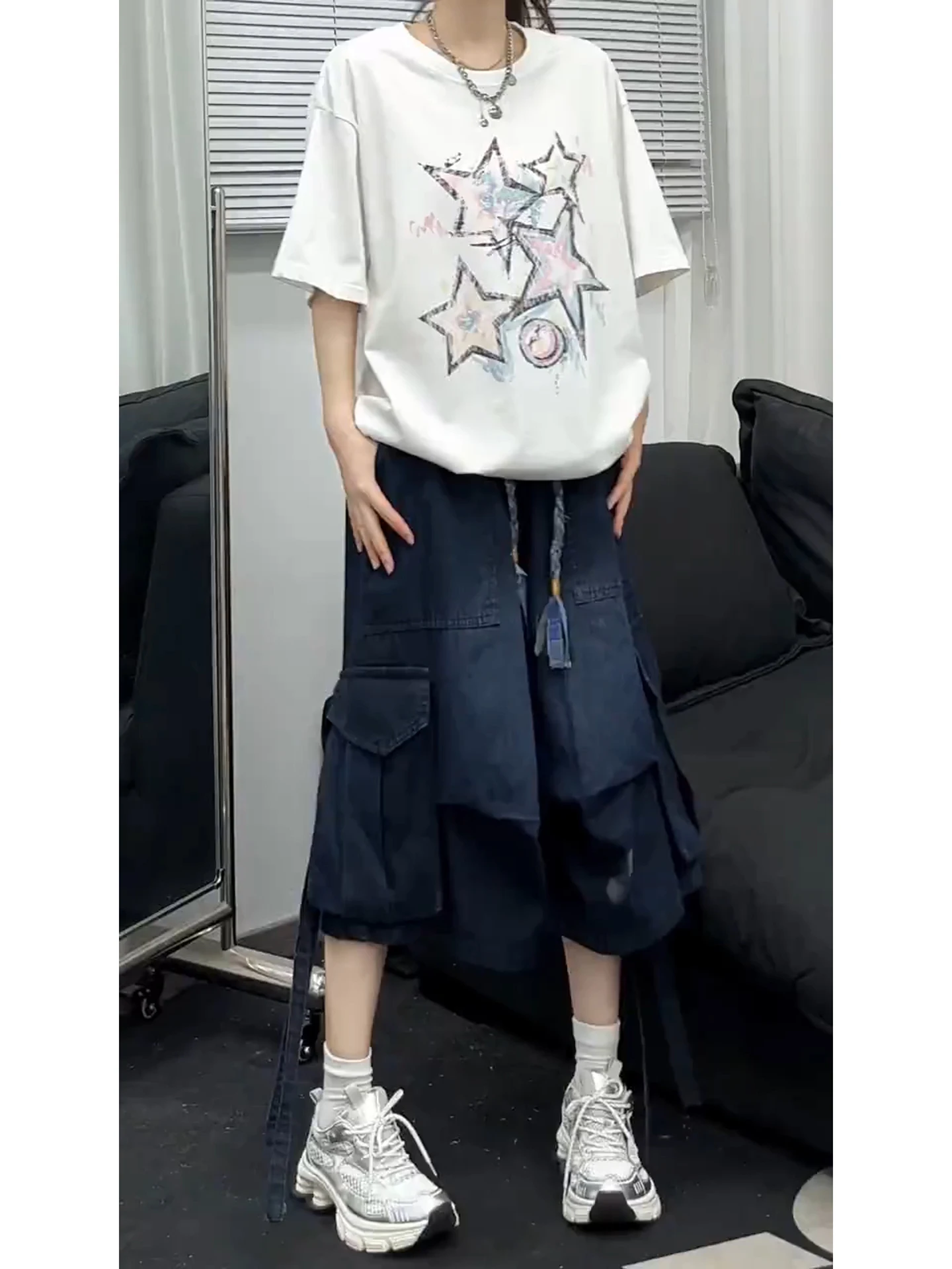 

Синие рабочие шорты унисекс, летние плиссированные джинсовые брюки с большими карманами, прямые повседневные брюки для молодежи, активного отдыха