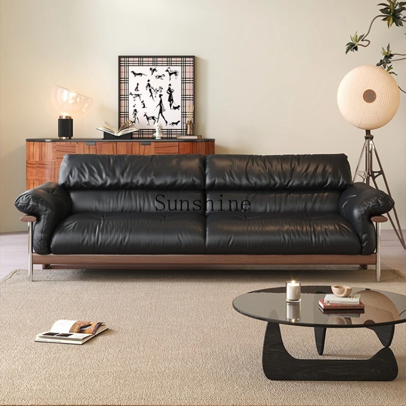 

Medieval straight row three-person high-end solid wood living room full green leather retro sofa