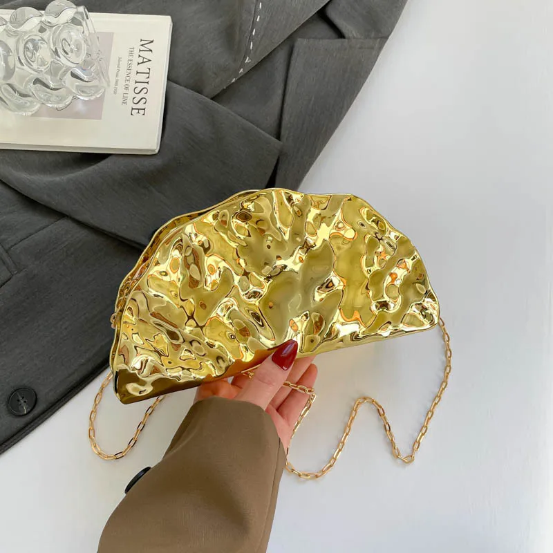 

Pro Brand Half Room Metal Fan Shell Clutch Purse Women New Gold Color Evening Wedding Party Luxury Handbag Snake Strap Lady Bag