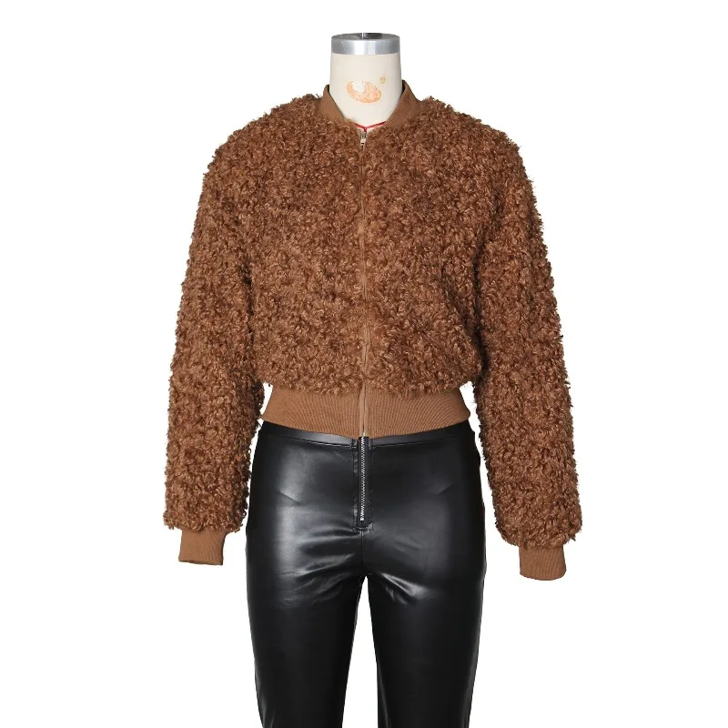 

2025 Autumn Winter Solid Imitation Cashmere Short Jacket Women Full Sleeve Zipper Loose Casual Fashion Versatile Street Coats