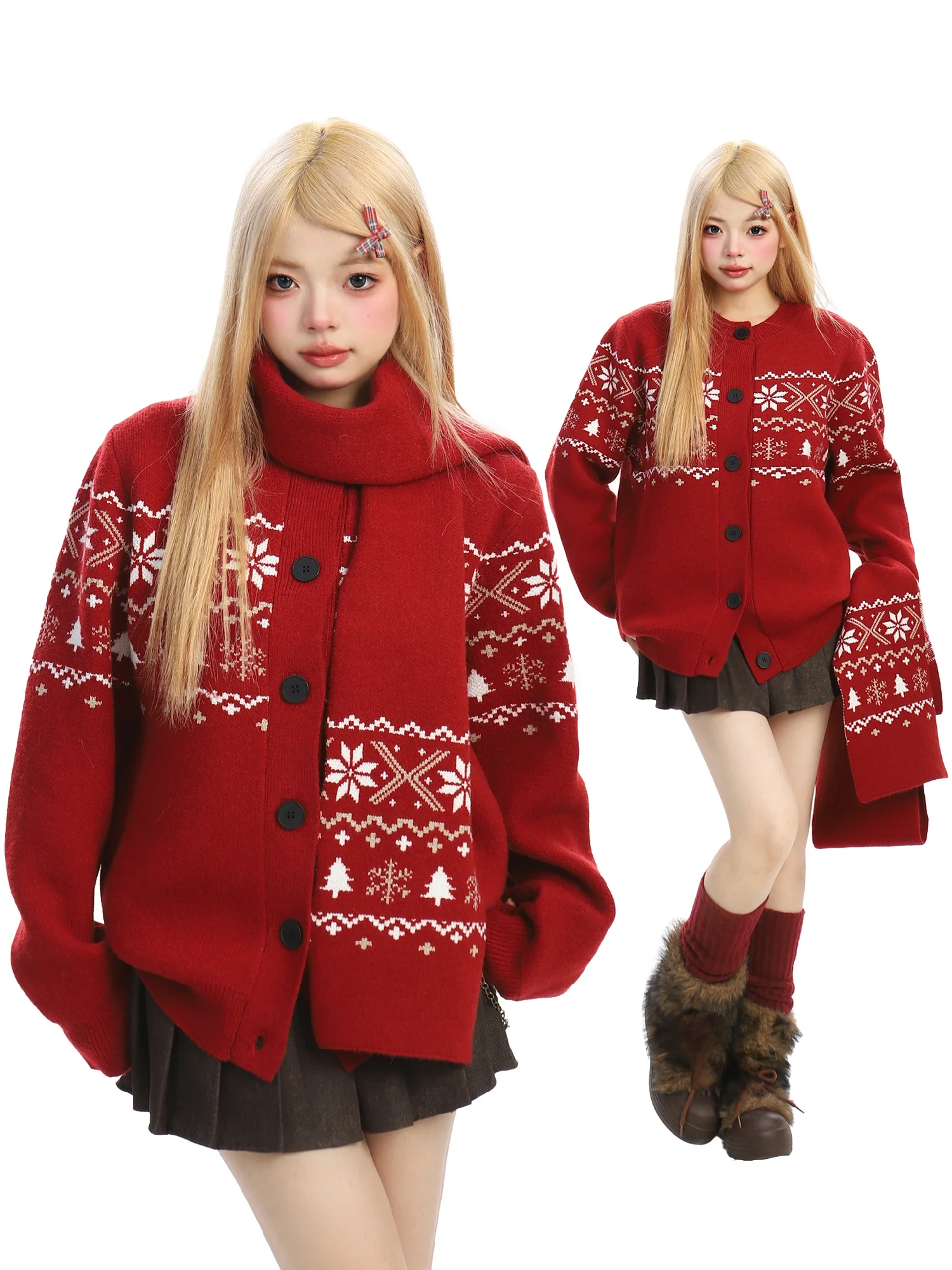 

BearGirl Retro Fair Isle Red Scarf Sweater Women's Autumn Winter New Year Slim Knitted Open Cardigan Top for Young Girls