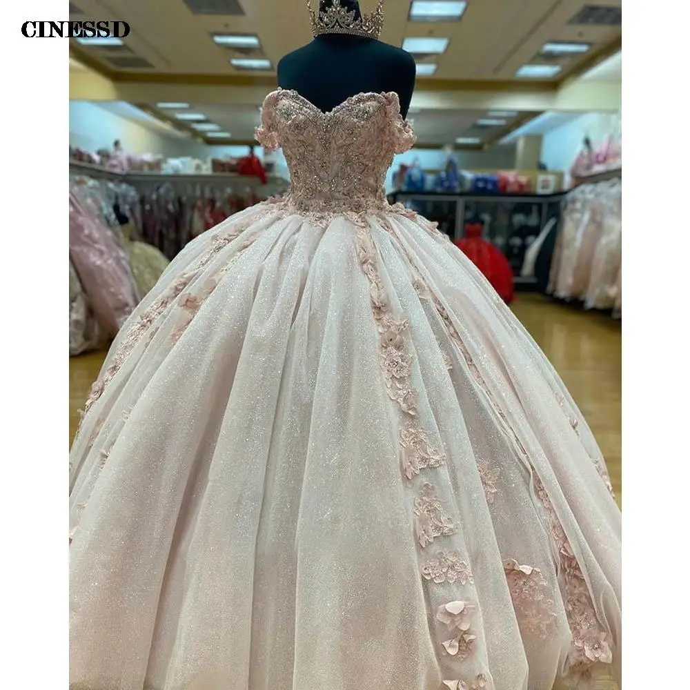 

Sparkly Crystal Beading Quinceanera Dresses Floral Appliques Lace Ball Gown Pink Off The Shoulder Sweet 16 Prom Party Gown