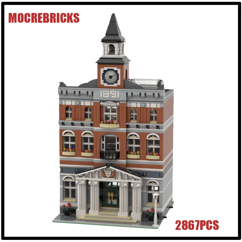 2867PCS New Idea Urban Street View Architecture Town Hall Building Blocks Model Creative Modular Bricks Toys Kids DIY Gifts Sets