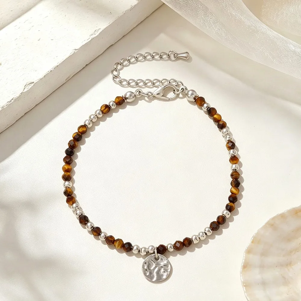 Stainless Steel Pleated Round Disc Pendant Bracelet European American 3mm Faceted Beads Colorfast Gold Beads Lobster Clasp