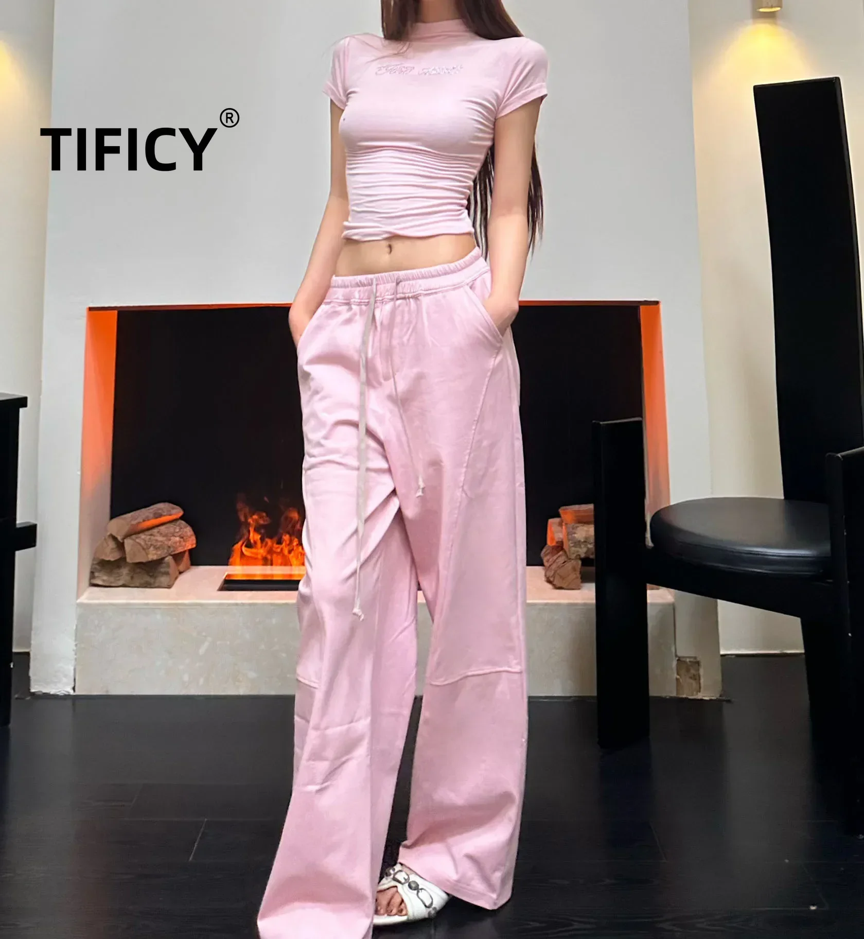 High Street Cotton Pant Women's Pink Western-style Drawstring Elastic Waist Splicing Thin and Loose Wide Leg Casual Pants