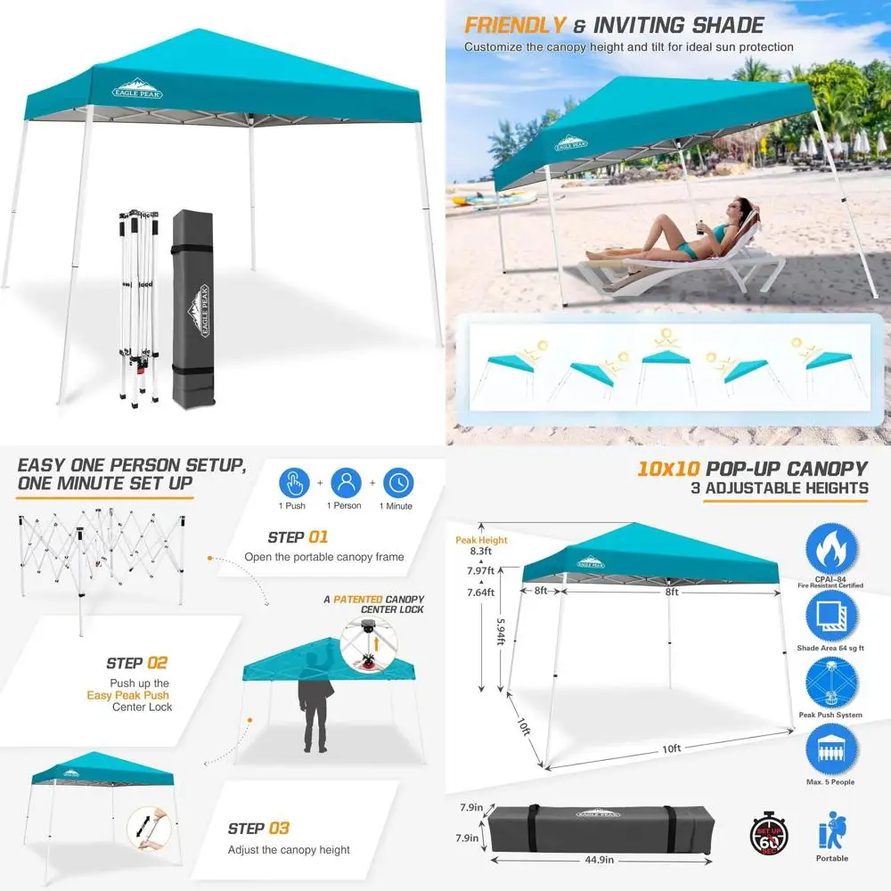 

10x10 Easy Setup Slant Leg Canopy Tent, Portable Outdoor Shelter, Beach Canopy, 10x10 Base, 8x8 Top, Turquoise