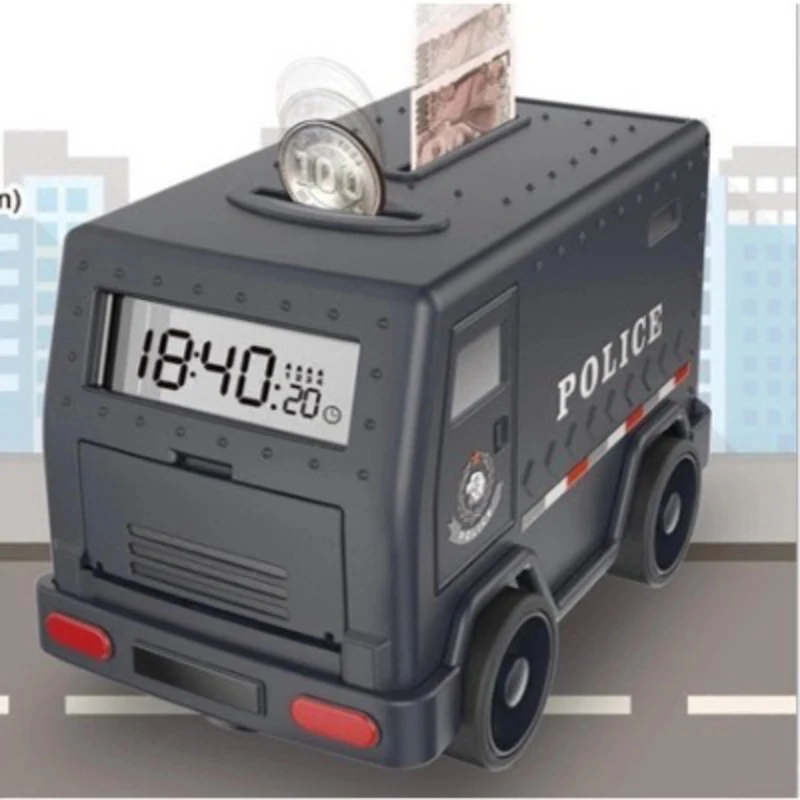 Police Car Wake Up Machine, Cartoon Cash Truck Piggy Bank, coin Storage Box Password Storage Tank, Alarm Clock Children's Toy