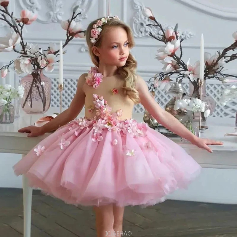 

Wed Dress 2025 Pink Girls Birthday Princess Dresses Floral Lace Tutu Gown Kids Party Outfit Flower Girl Pageant Wear Costume