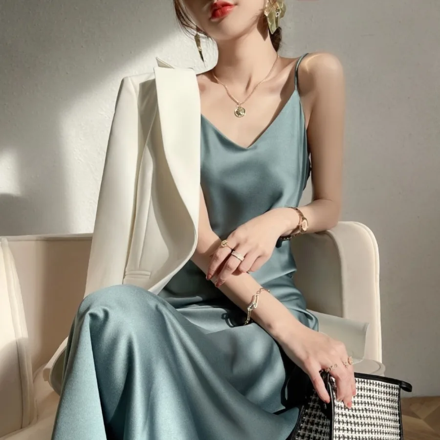 

【New style】Silk satin suspender dress for women, French spring and autumn medium and long a-line base dress, thin slim silk V-n