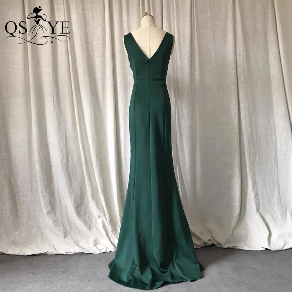 Simple Green Bridesmaid Dresses Elastic Satin Sexy Open Split Formal Evening Gown V Back Ruched Mermaid Emerald Prom Party Dress