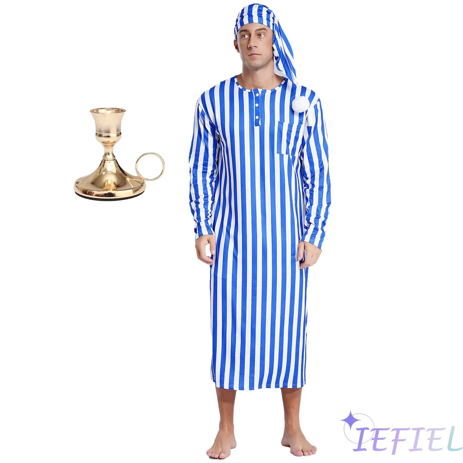 

Christmas Mens Striped Sleep Dress with Hat And Candle Holder Set Long Sleeve Loose Pajama Robe Pointed Hat And Candlestick