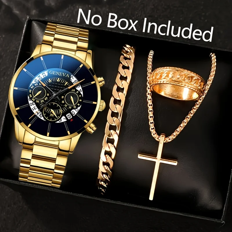 مجموعة واحدة من ساعة كوارتز رجالية من Fashion Elite تتضمن أساور القلائد المطابقة توقيت دقيق وإكسسوارات الهيب هوب العصرية