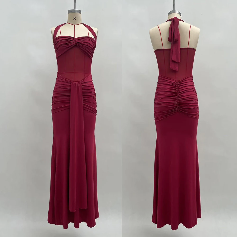 Vestido de Noite Halter Borgonha Feminino Elegante com Drapeado Maxi Sem Mangas Fenda Alta Vestido Formal para Convidada de Casamento e Festa