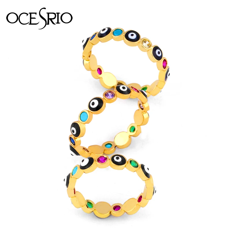 OCESRIO Rainbow Turkish Evil Eye Colorful Gold Statement Rings Enamel Evil Eye Rings Zircon Women Jewelry anillos mujer rig-j21