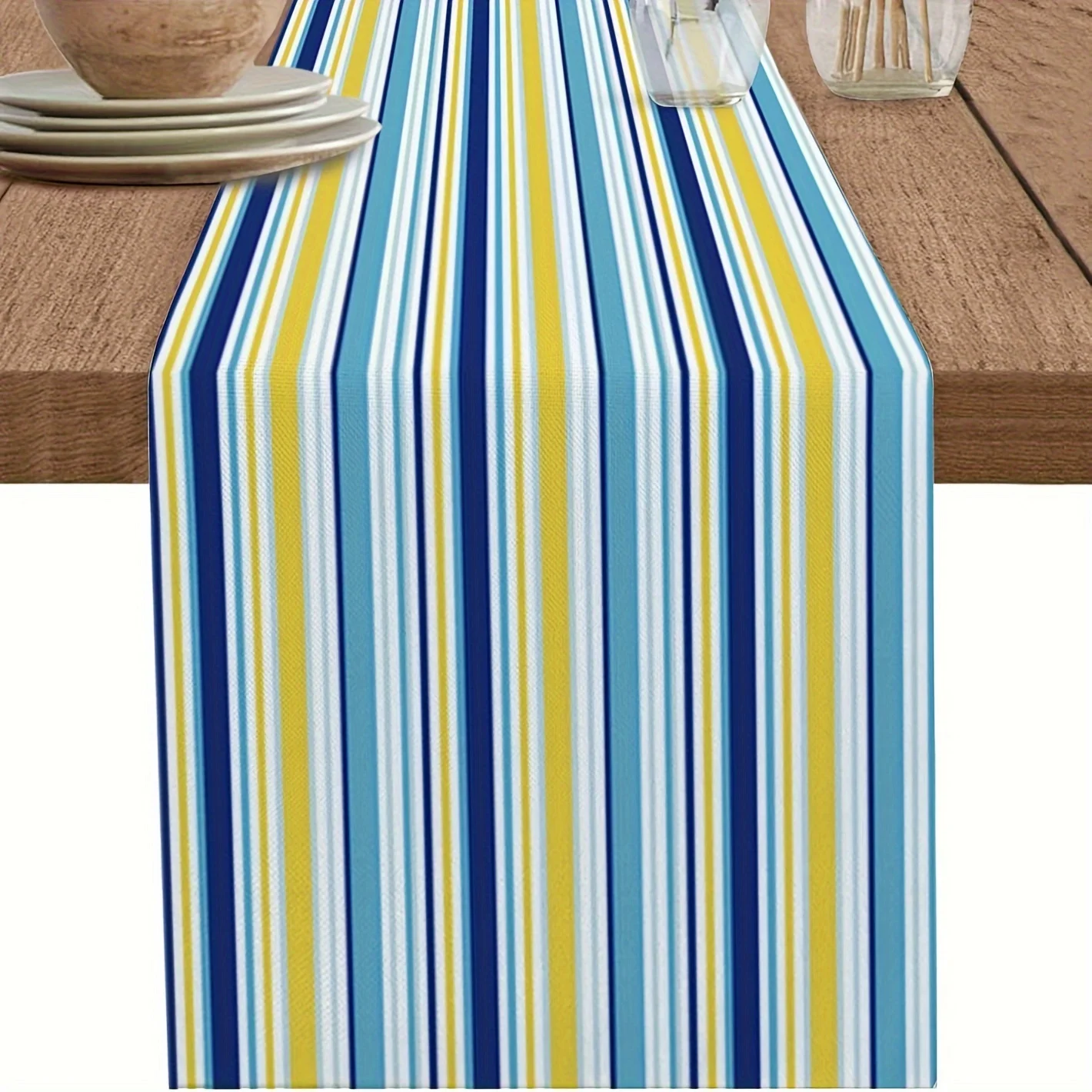 Vintage Tischläufer aus Leinen |   Blau-gelb gestreiftes Design im rustikalen Bauernhausstil für Esstisch, Couchtisch und Küche zu Hause