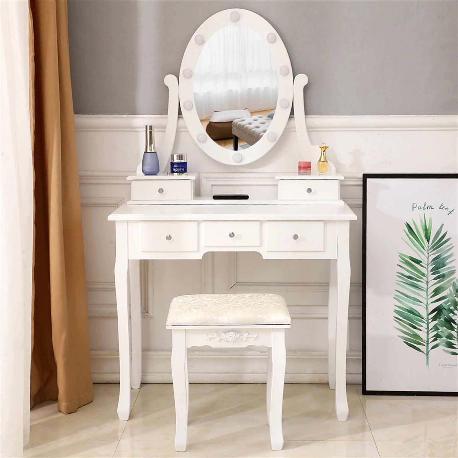 Dressing Table White with Bulbs, Cosmetic Table with Mirror, Stool and 5 Drawers, Country House Style, MDF Dressing Tables