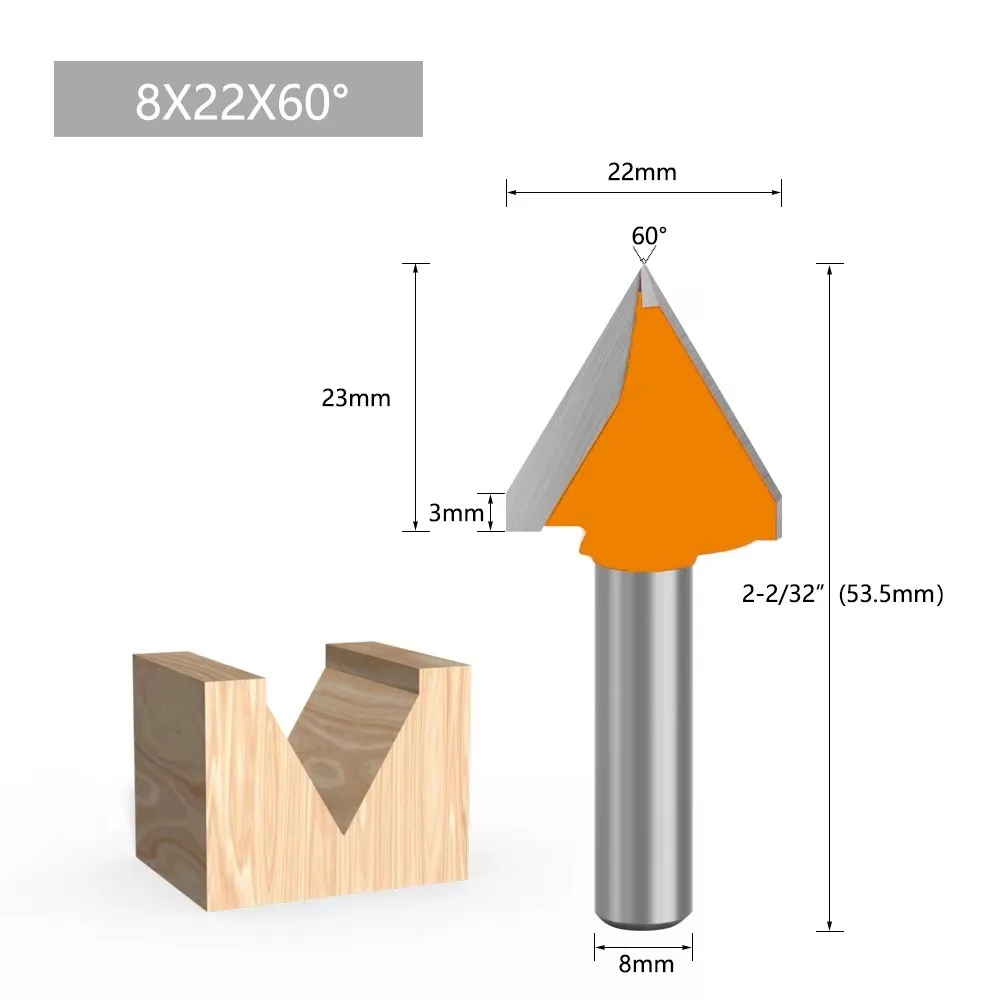1PC 8MM Shank Milling Cutter Wood Carving 60 90 120 V Type Slotting Cutter Carving Grooving Tools Router Bit Set Safety Milling