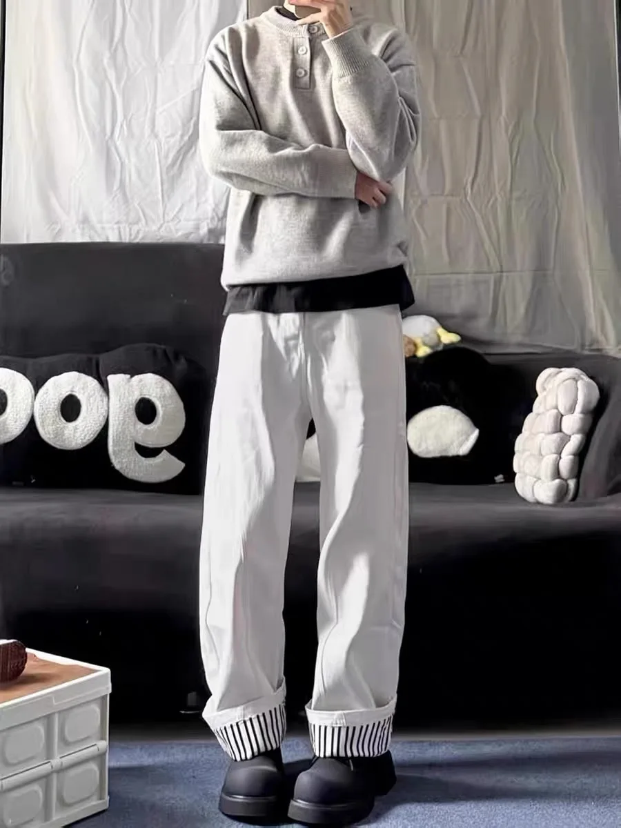 

American Retro White Cuffed Casual Pants Men Spring Cleanfit Stripe Design Wide Leg Knife Drag Pants Youth ular Jeans