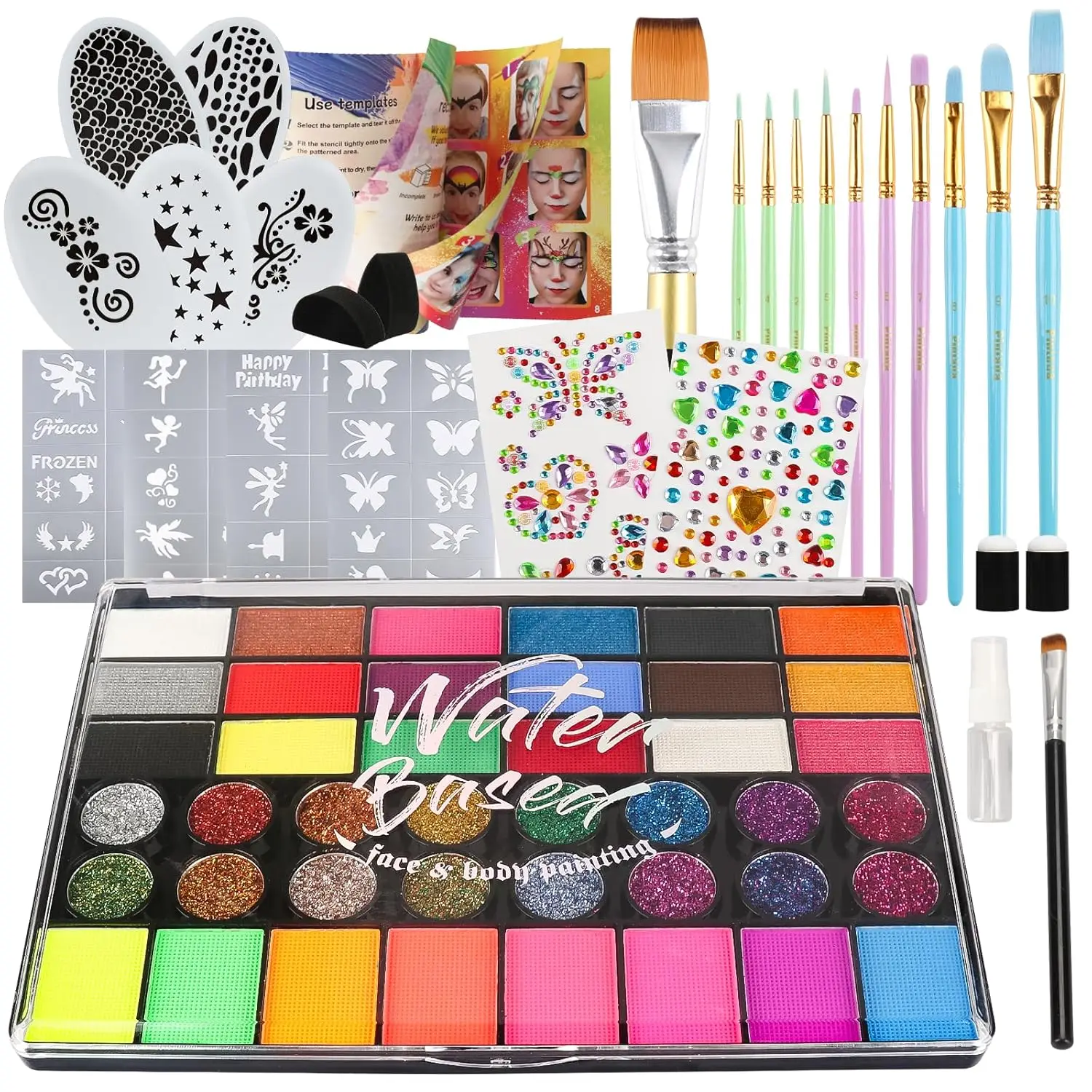 

42 Color Face Painting Kit for Party - Non Toxic Water Activated Face Paint Palette With Stencils, Brush, Gems