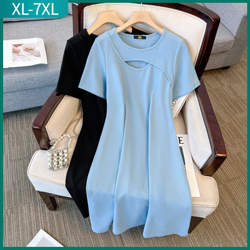 

New 2023 Summer Plus Size T-shirt Dress For Women Large Size Short sleeve Loose Blue Cotton Midi Dress 3XL 4XL 5XL 6XL 7XL