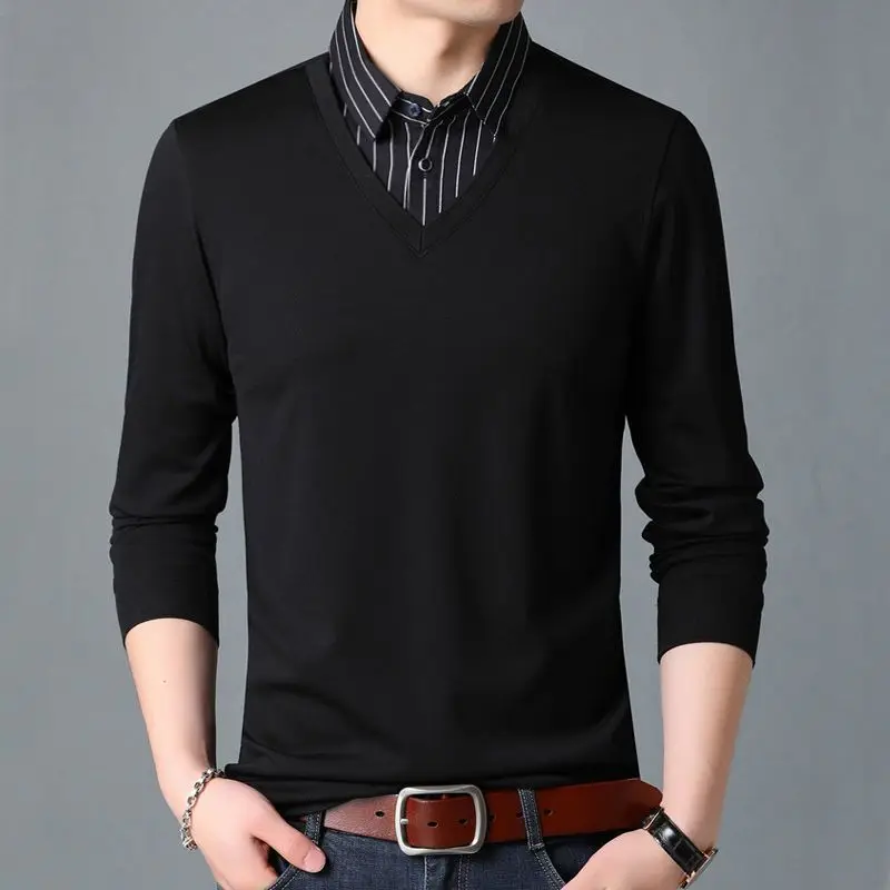 2026 Fake Two-piece Long-sleeved Shirt Collar T-shirt Men's Lapel Shirt Plus Size Business Autumn Bottoming Shirt Cotton Top
